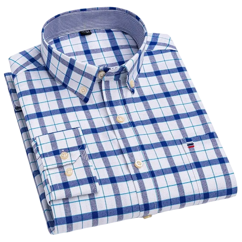SaneShoppe - 100% Cotton Oxford Men's Shirts Long Sleeves Plaid Soft Regular Fit Formal Dress Shirt Pocket Social Blouse Male Clothes S - 7XL