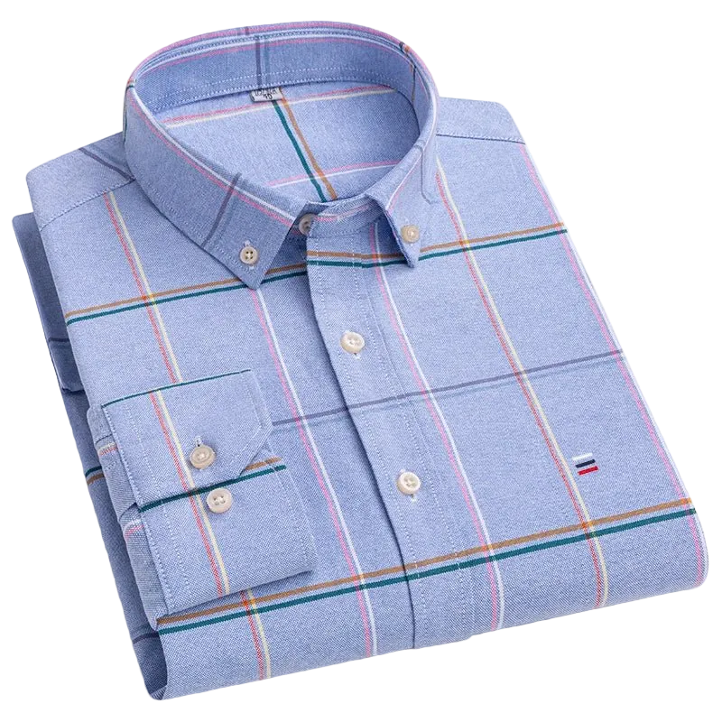SaneShoppe - 100% Cotton Oxford Men's Shirts Long Sleeves Plaid Soft Regular Fit Formal Dress Shirt Pocket Social Blouse Male Clothes S - 7XL