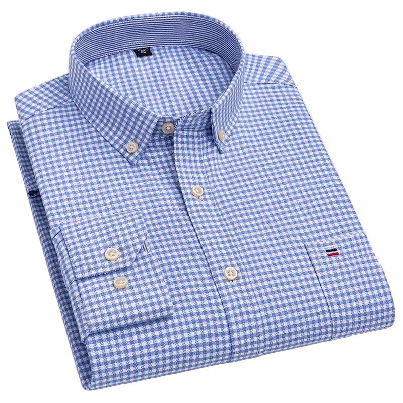 SaneShoppe - 100% Cotton Oxford Men's Shirts Long Sleeves Plaid Soft Regular Fit Formal Dress Shirt Pocket Social Blouse Male Clothes S - 7XL