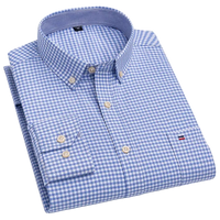SaneShoppe - 100% Cotton Oxford Men's Shirts Long Sleeves Plaid Soft Regular Fit Formal Dress Shirt Pocket Social Blouse Male Clothes S - 7XL