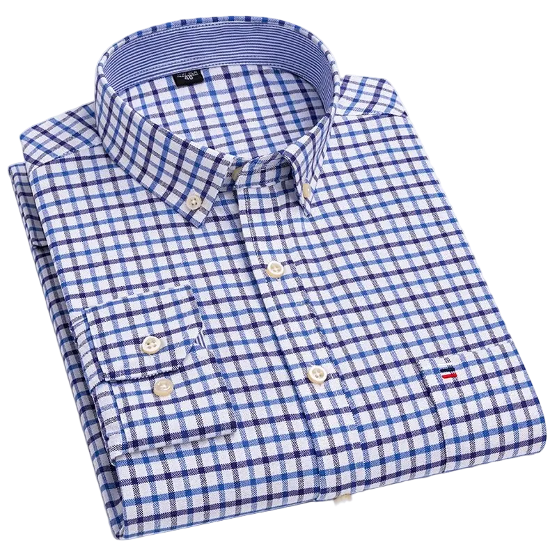 SaneShoppe - 100% Cotton Oxford Men's Shirts Long Sleeves Plaid Soft Regular Fit Formal Dress Shirt Pocket Social Blouse Male Clothes S - 7XL