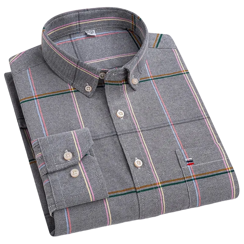 SaneShoppe - 100% Cotton Oxford Men's Shirts Long Sleeves Plaid Soft Regular Fit Formal Dress Shirt Pocket Social Blouse Male Clothes S - 7XL
