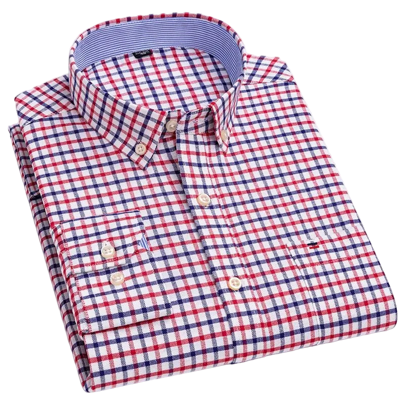 SaneShoppe - 100% Cotton Oxford Men's Shirts Long Sleeves Plaid Soft Regular Fit Formal Dress Shirt Pocket Social Blouse Male Clothes S - 7XL