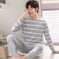 SaneShoppe - 2 Sets of Men Pajamas Set of Long - Sleeved Long Trousers Students Sleepwear Homewear Cartoon O - Neck Striped Nightwear Loungewear