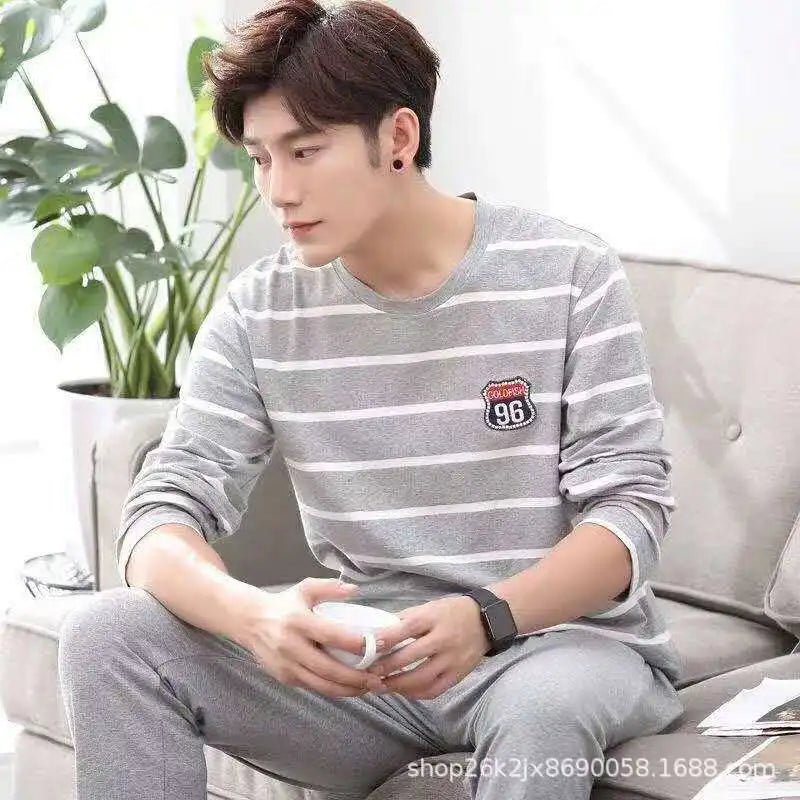 SaneShoppe - 2 Sets of Men Pajamas Set of Long - Sleeved Long Trousers Students Sleepwear Homewear Cartoon O - Neck Striped Nightwear Loungewear