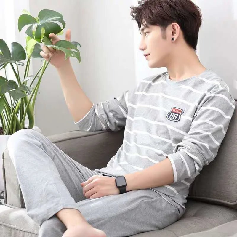 SaneShoppe - 2 Sets of Men Pajamas Set of Long - Sleeved Long Trousers Students Sleepwear Homewear Cartoon O - Neck Striped Nightwear Loungewear