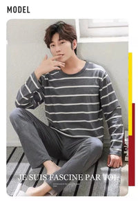 SaneShoppe - 2 Sets of Men Pajamas Set of Long - Sleeved Long Trousers Students Sleepwear Homewear Cartoon O - Neck Striped Nightwear Loungewear