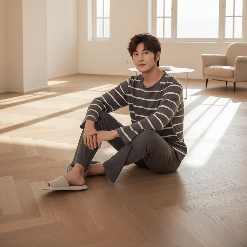 SaneShoppe - 2 Sets of Men Pajamas Set of Long - Sleeved Long Trousers Students Sleepwear Homewear Cartoon O - Neck Striped Nightwear Loungewear