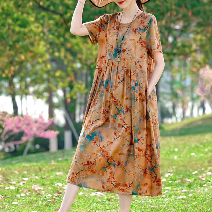 SaneShoppe-2025 New Printing Floral Summer Dress Women Fashion Loose Vintage Plus Size Casual Dress