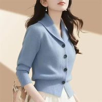 SaneShoppe - 2025 New Spring Autumn Women Sweaters Elegant Solid Color Lapel Long Sleeved Knitted Cardigan Jacket Korean Female Knitwear Tops