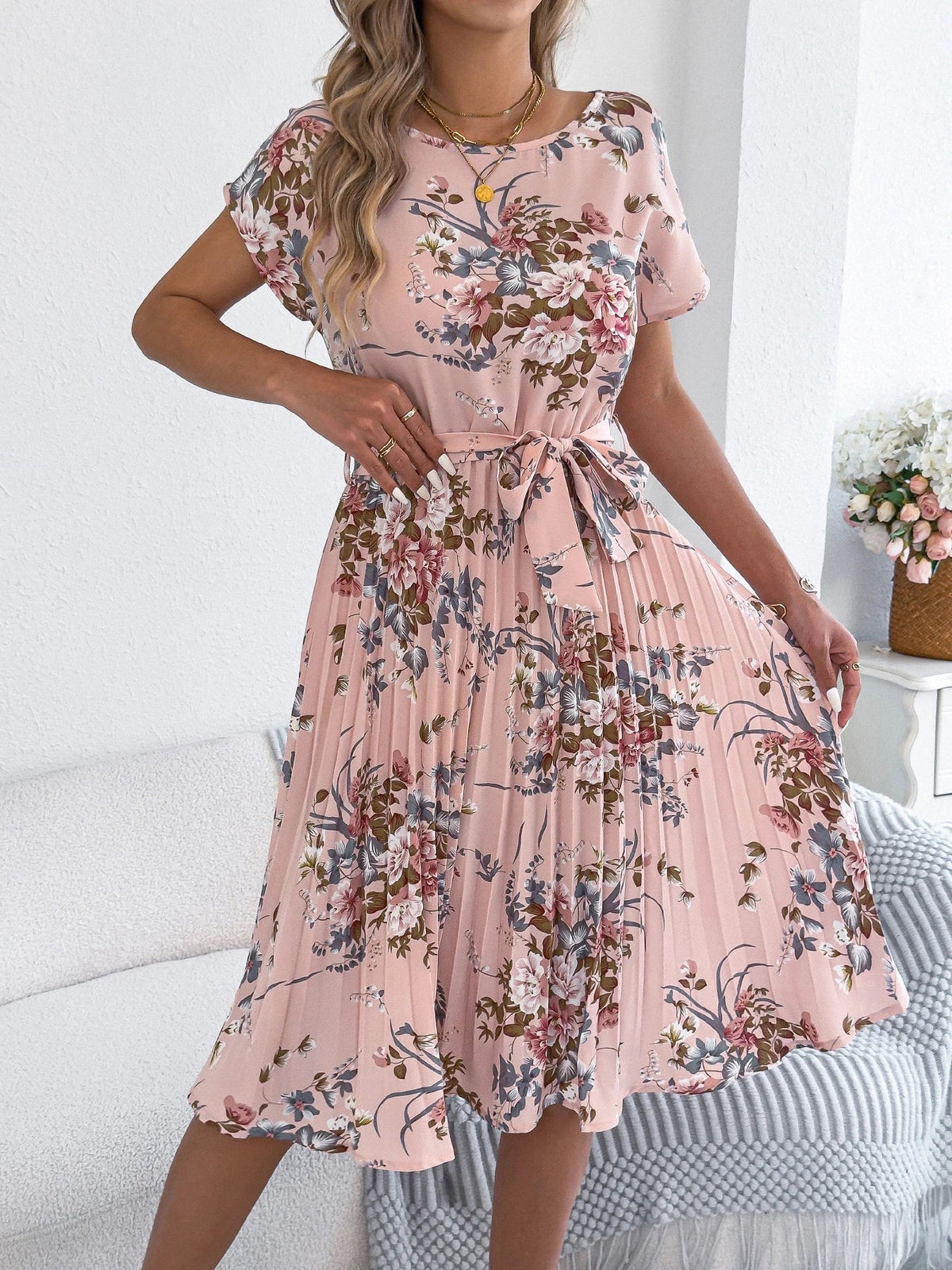 SaneShoppe - 2025 Retro Floral Pattern Printed Dress Woman Elegant Spring Summer Round Neck Lace Up Short Sleeve Dress