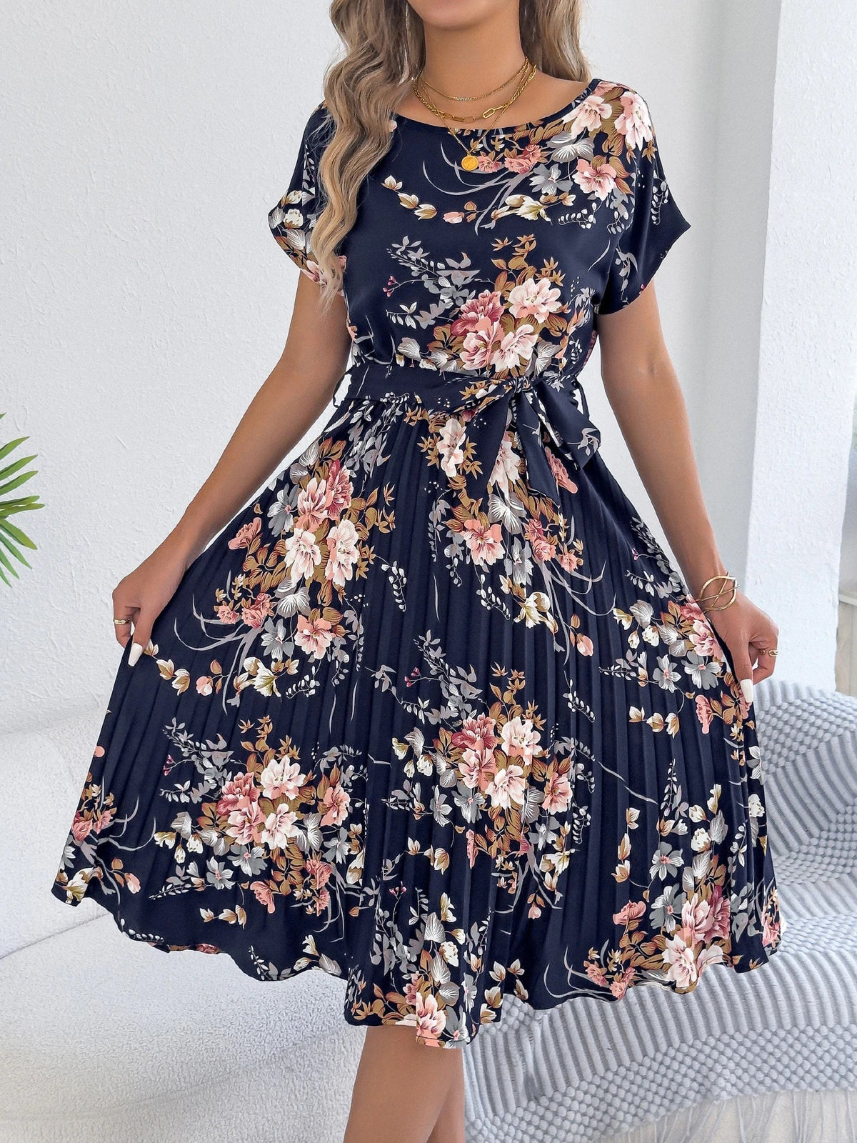 SaneShoppe - 2025 Retro Floral Pattern Printed Dress Woman Elegant Spring Summer Round Neck Lace Up Short Sleeve Dress