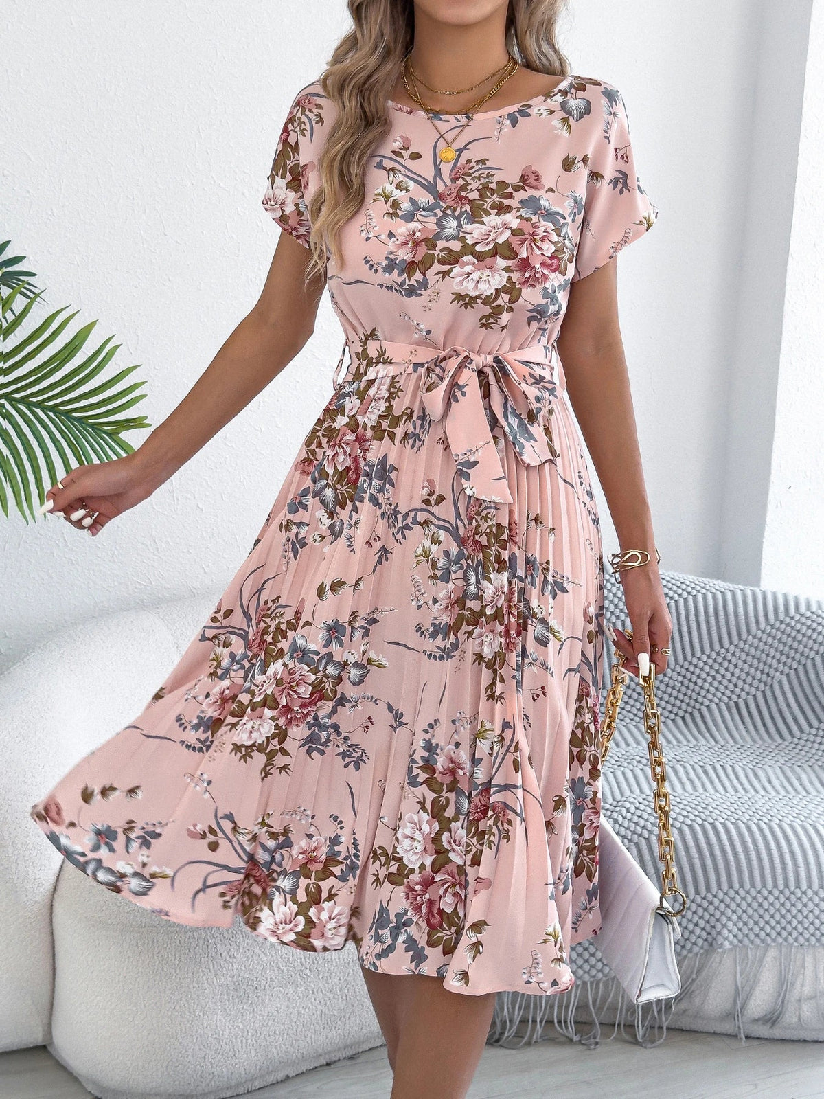 SaneShoppe - 2025 Retro Floral Pattern Printed Dress Woman Elegant Spring Summer Round Neck Lace Up Short Sleeve Dress