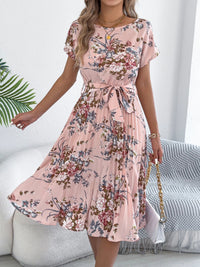 SaneShoppe - 2025 Retro Floral Pattern Printed Dress Woman Elegant Spring Summer Round Neck Lace Up Short Sleeve Dress
