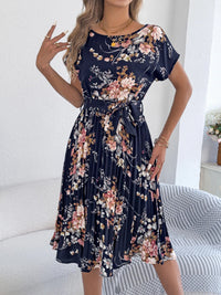 SaneShoppe - 2025 Retro Floral Pattern Printed Dress Woman Elegant Spring Summer Round Neck Lace Up Short Sleeve Dress