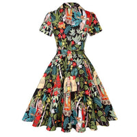 SaneShoppe - 2025 Summer Cotton Vintage Midi Party Dress Short Sleeve 4XL Robe Femme Swing 1950s Retro Floral Print Green Rockabilly Dresses