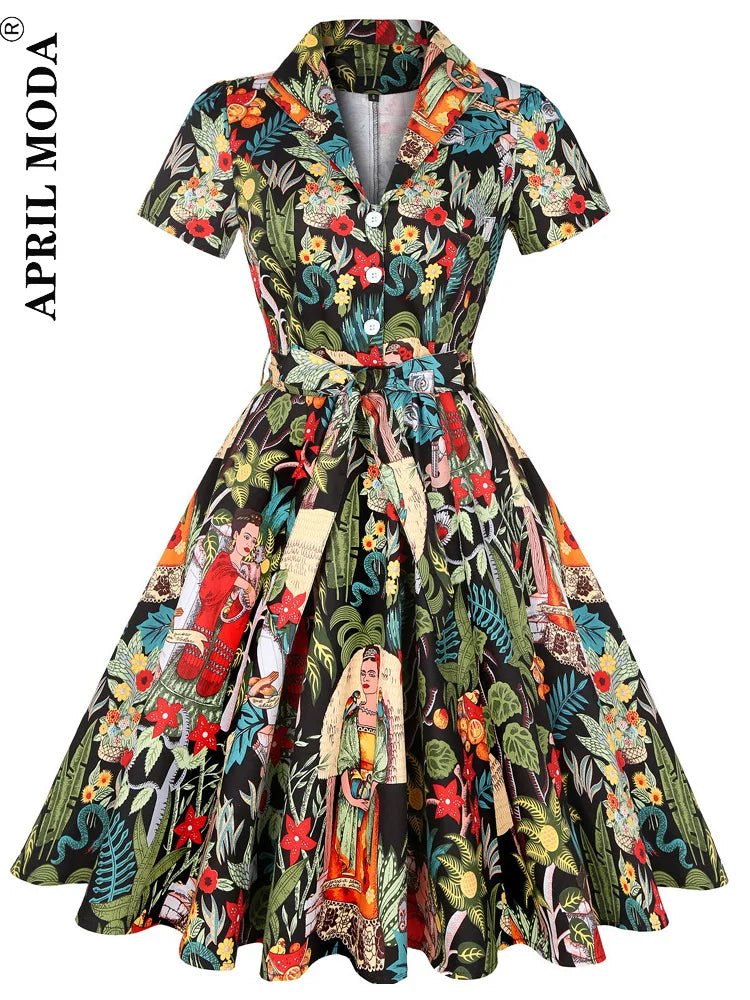 SaneShoppe - 2025 Summer Cotton Vintage Midi Party Dress Short Sleeve 4XL Robe Femme Swing 1950s Retro Floral Print Green Rockabilly Dresses