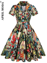SaneShoppe - 2025 Summer Cotton Vintage Midi Party Dress Short Sleeve 4XL Robe Femme Swing 1950s Retro Floral Print Green Rockabilly Dresses