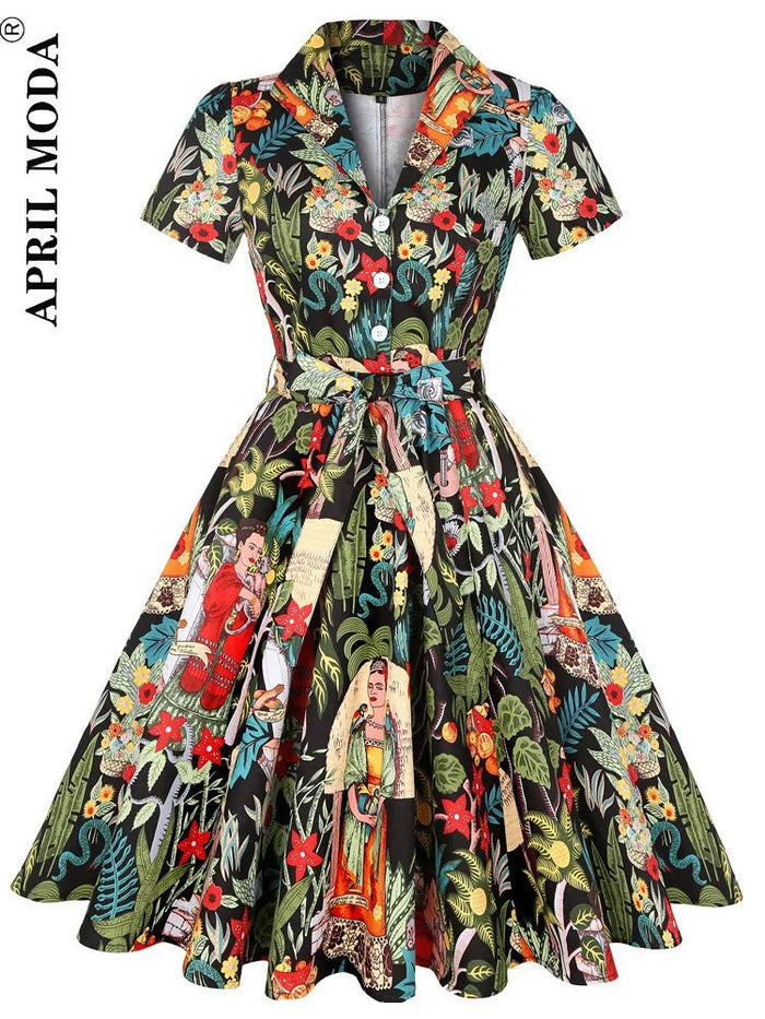 SaneShoppe - 2025 Summer Cotton Vintage Midi Party Dress Short Sleeve 4XL Robe Femme Swing 1950s Retro Floral Print Green Rockabilly Dresses