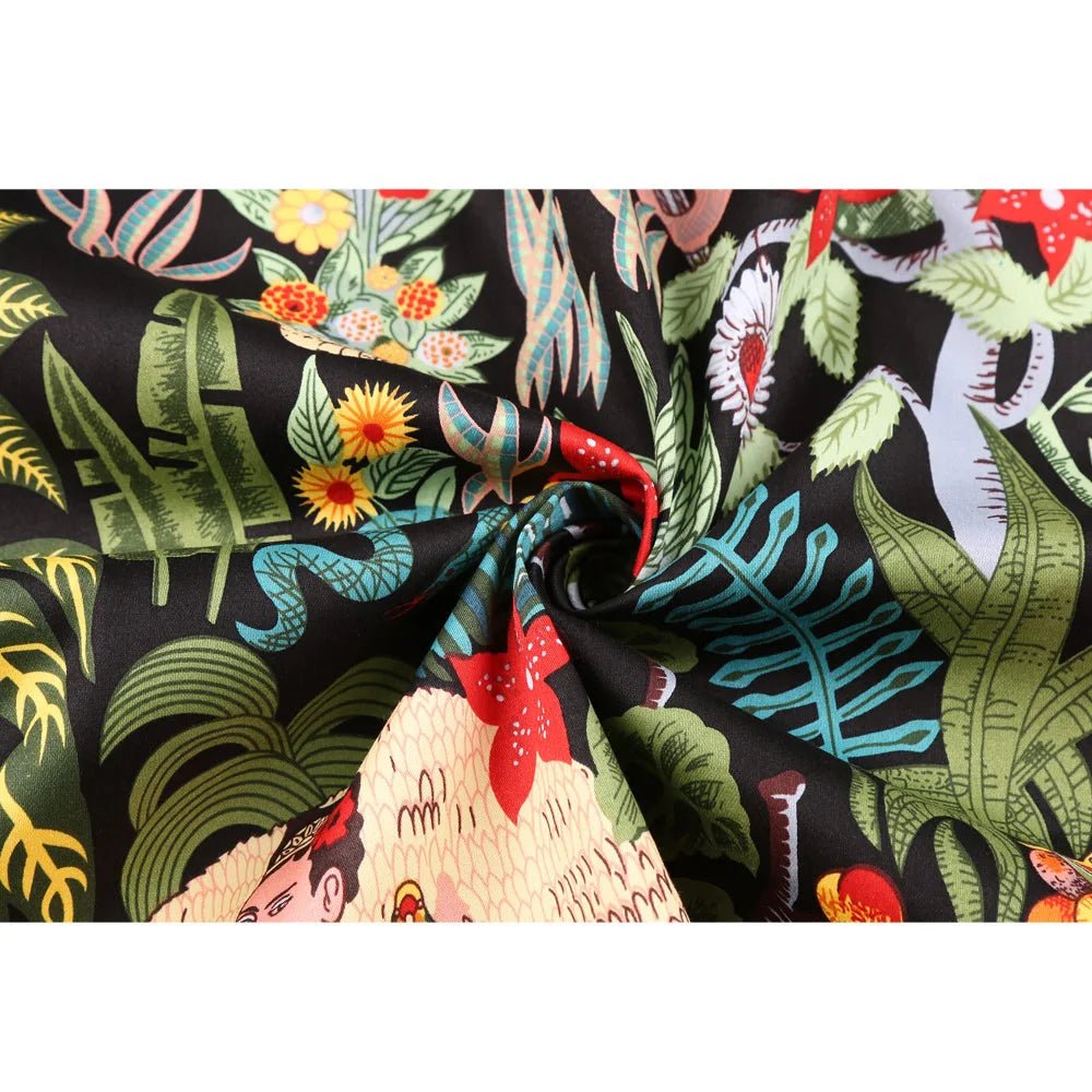 SaneShoppe - 2025 Summer Cotton Vintage Midi Party Dress Short Sleeve 4XL Robe Femme Swing 1950s Retro Floral Print Green Rockabilly Dresses