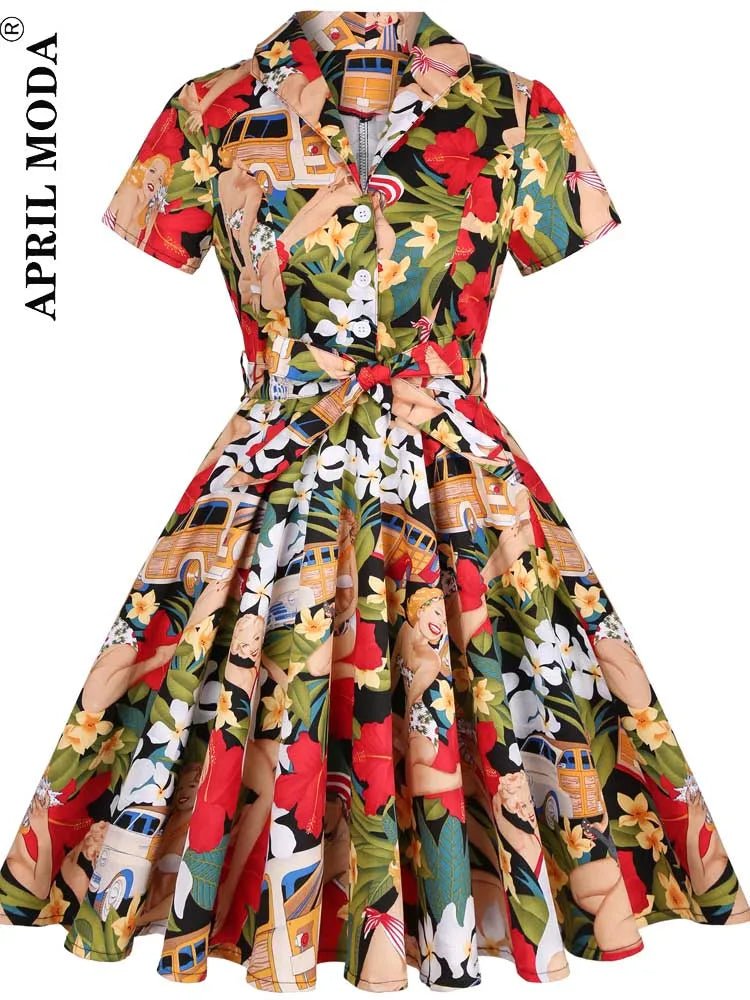 SaneShoppe - 2025 Summer Cotton Vintage Midi Party Dress Short Sleeve 4XL Robe Femme Swing 1950s Retro Floral Print Green Rockabilly Dresses