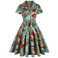 SaneShoppe - 2025 Summer Cotton Vintage Midi Party Dress Short Sleeve 4XL Robe Femme Swing 1950s Retro Floral Print Green Rockabilly Dresses