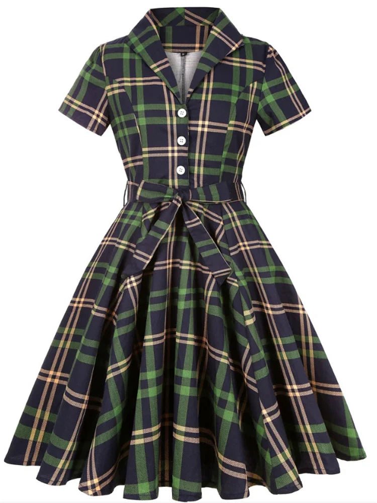 SaneShoppe - 2025 Summer Cotton Vintage Midi Party Dress Short Sleeve 4XL Robe Femme Swing 1950s Retro Floral Print Green Rockabilly Dresses