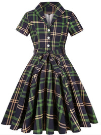 SaneShoppe - 2025 Summer Cotton Vintage Midi Party Dress Short Sleeve 4XL Robe Femme Swing 1950s Retro Floral Print Green Rockabilly Dresses