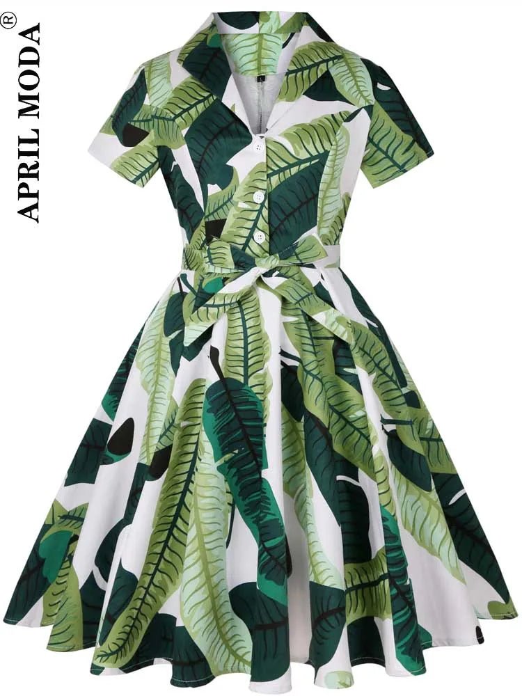 SaneShoppe - 2025 Summer Cotton Vintage Midi Party Dress Short Sleeve 4XL Robe Femme Swing 1950s Retro Floral Print Green Rockabilly Dresses