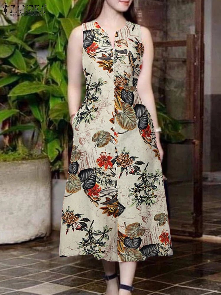 SaneShoppe - 2025 Summer Dress ZANZEA Women Bohemain Printed Midi Sundress Casual V Neck Sleevelesss Holiday Party Vestidos Kaftan Robe Femme