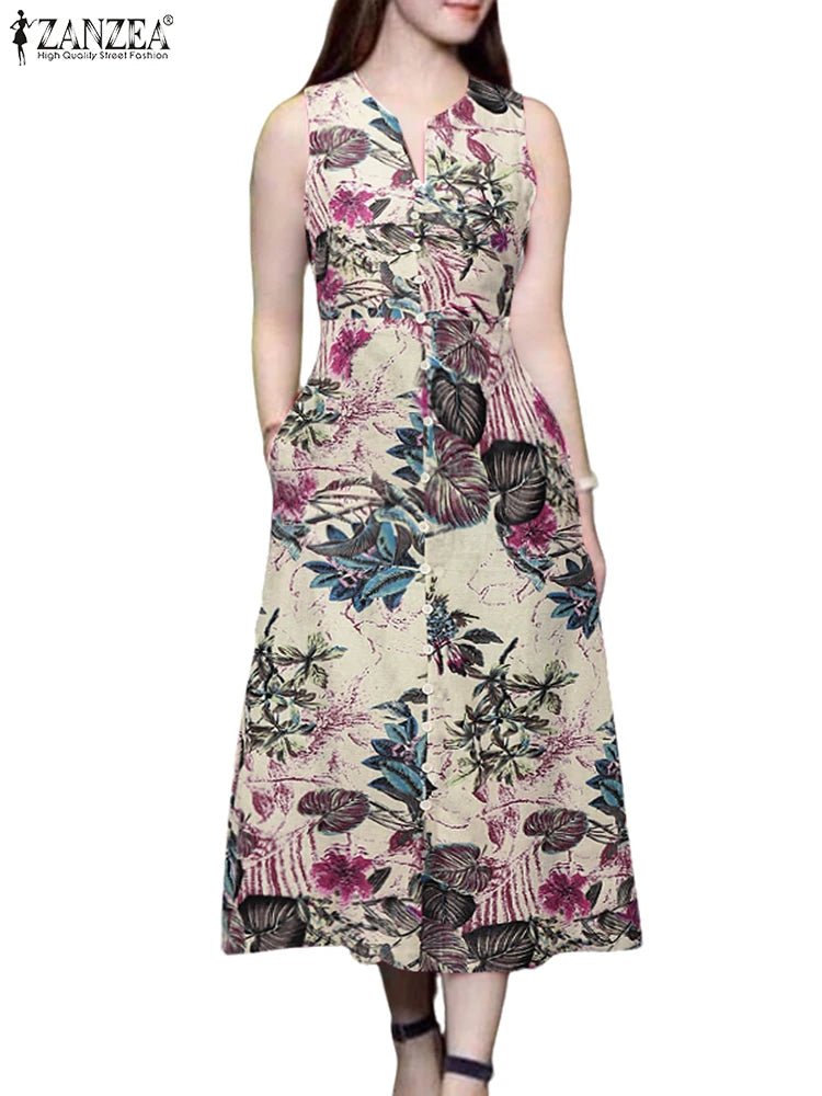 SaneShoppe - 2025 Summer Dress ZANZEA Women Bohemain Printed Midi Sundress Casual V Neck Sleevelesss Holiday Party Vestidos Kaftan Robe Femme