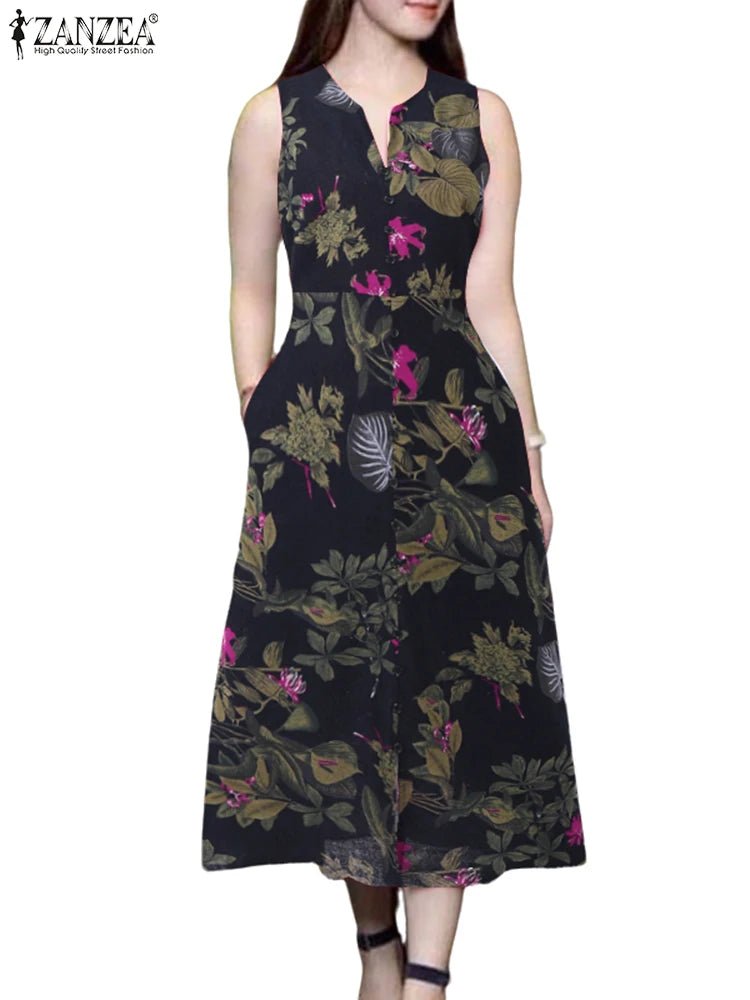 SaneShoppe - 2025 Summer Dress ZANZEA Women Bohemain Printed Midi Sundress Casual V Neck Sleevelesss Holiday Party Vestidos Kaftan Robe Femme