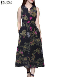 SaneShoppe - 2025 Summer Dress ZANZEA Women Bohemain Printed Midi Sundress Casual V Neck Sleevelesss Holiday Party Vestidos Kaftan Robe Femme