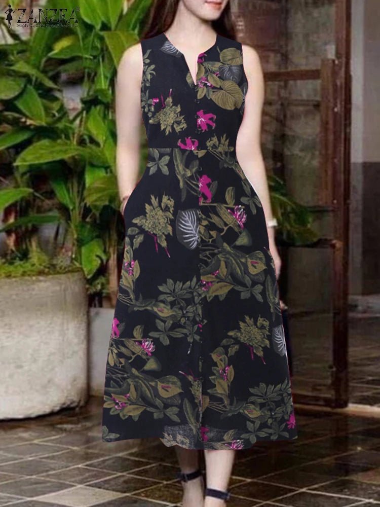 SaneShoppe - 2025 Summer Dress ZANZEA Women Bohemain Printed Midi Sundress Casual V Neck Sleevelesss Holiday Party Vestidos Kaftan Robe Femme