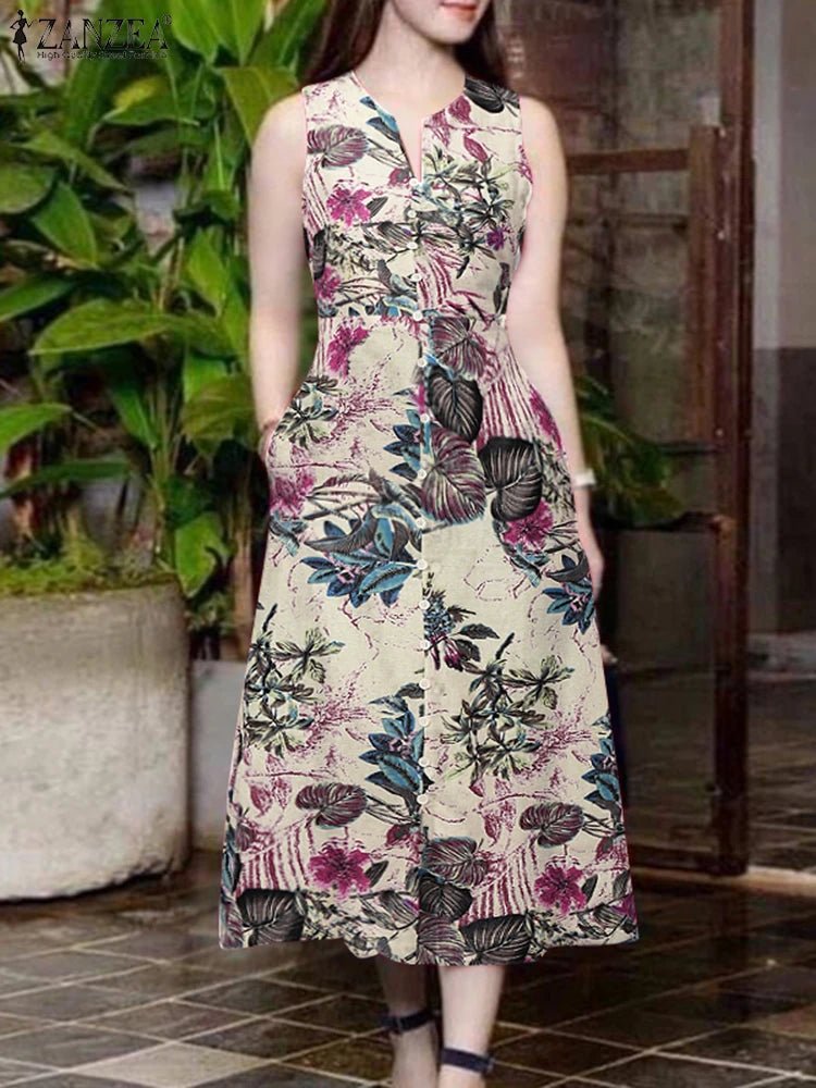 SaneShoppe - 2025 Summer Dress ZANZEA Women Bohemain Printed Midi Sundress Casual V Neck Sleevelesss Holiday Party Vestidos Kaftan Robe Femme