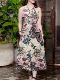 SaneShoppe - 2025 Summer Dress ZANZEA Women Bohemain Printed Midi Sundress Casual V Neck Sleevelesss Holiday Party Vestidos Kaftan Robe Femme