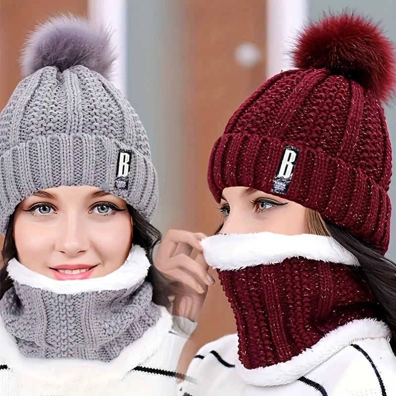 SaneShoppe - 2PCS winter warm knit hat set Winter hat thick plush windproof cold casual warm hat scarf