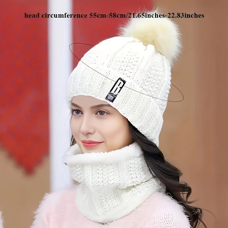 SaneShoppe - 2PCS winter warm knit hat set Winter hat thick plush windproof cold casual warm hat scarf
