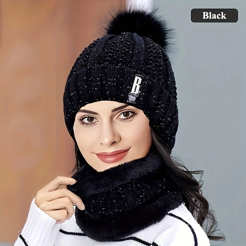 SaneShoppe - 2PCS winter warm knit hat set Winter hat thick plush windproof cold casual warm hat scarf