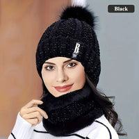 SaneShoppe - 2PCS winter warm knit hat set Winter hat thick plush windproof cold casual warm hat scarf