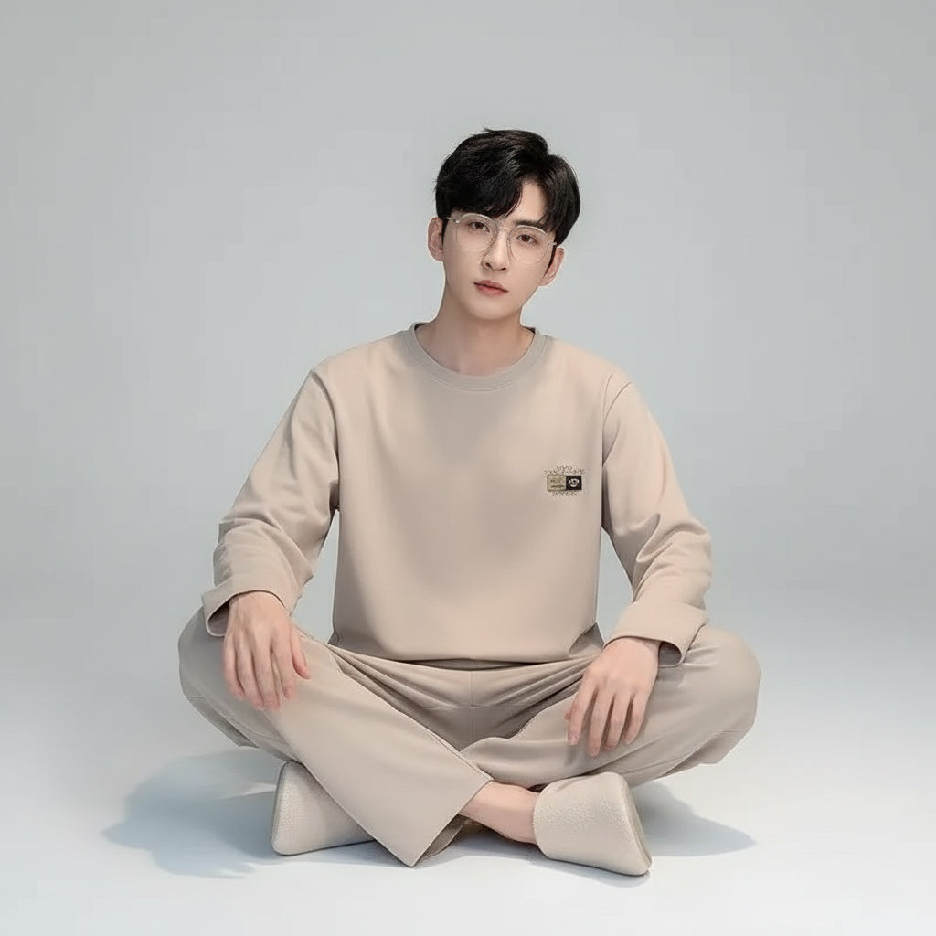 SaneShoppe-Men's Korean Style Plaid Pajama Set with Long-Sleeved Top and Pants
