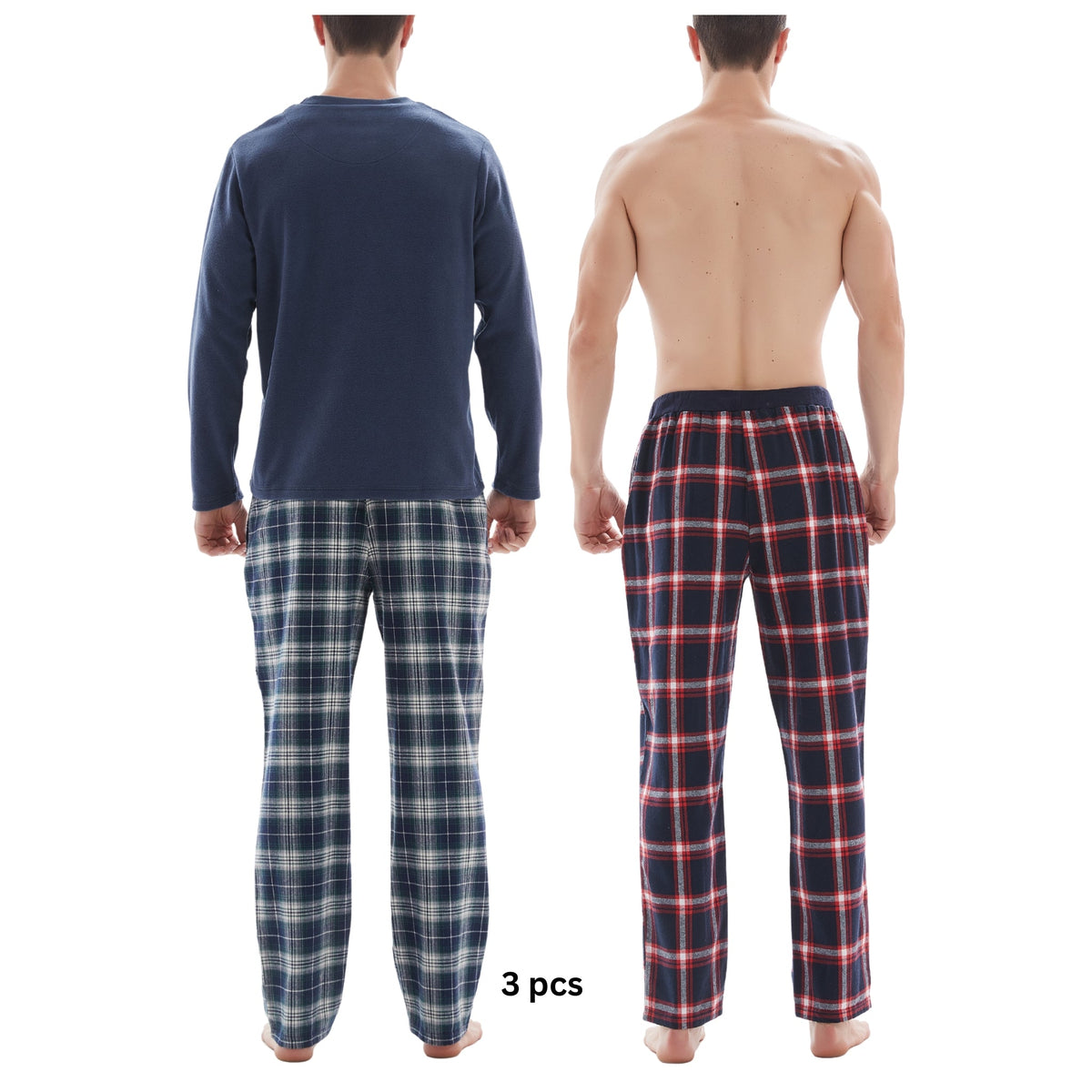 SaneShoppe-3-Piece Men's Pyjama Long-Sleeve Polyester Top and Check Cotton Pants.