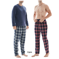 SaneShoppe-3-Piece Men's Pyjama Long-Sleeve Polyester Top and Check Cotton Pants.