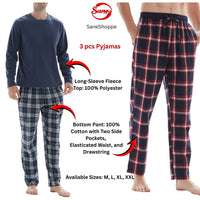 SaneShoppe-3-Piece Men's Pyjama Long-Sleeve Polyester Top and Check Cotton Pants.