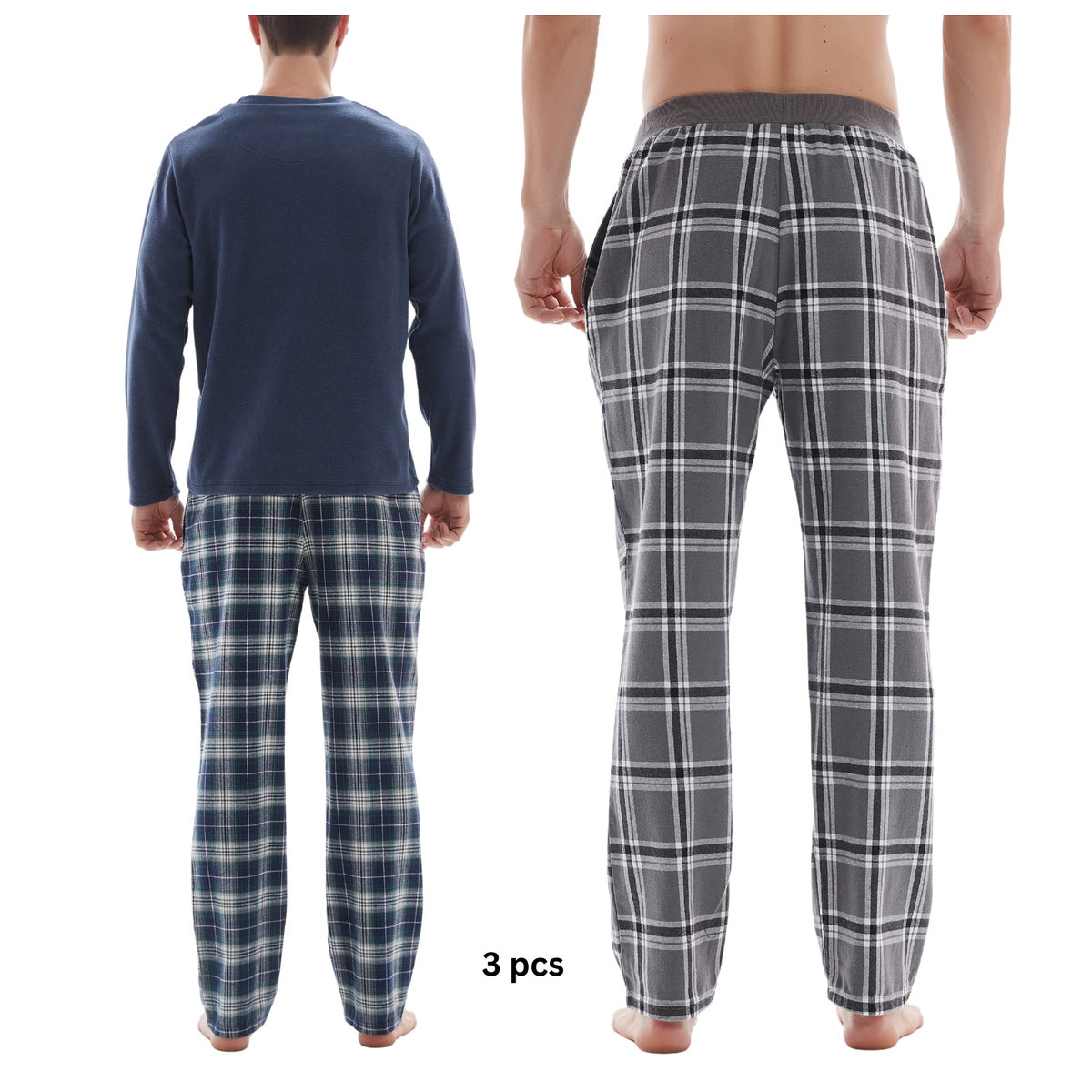 SaneShoppe-3-Piece Men's Pyjama Long-Sleeve Polyester Top and Check Cotton Pants.