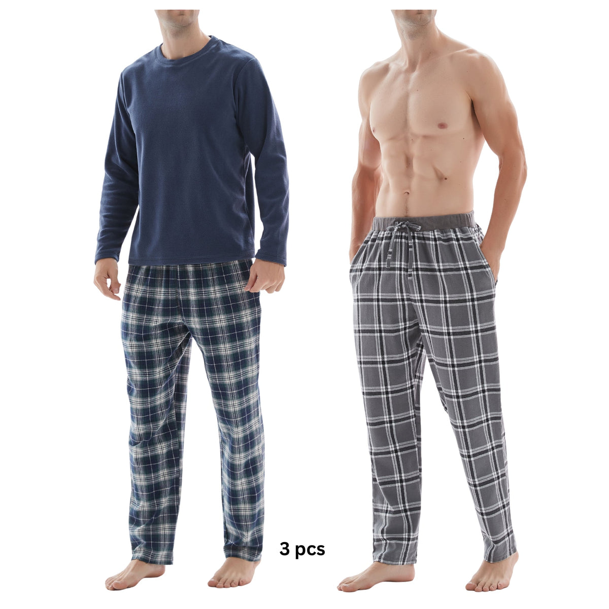 SaneShoppe-3-Piece Men's Pyjama Long-Sleeve Polyester Top and Check Cotton Pants.