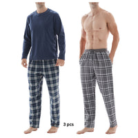 SaneShoppe-3-Piece Men's Pyjama Long-Sleeve Polyester Top and Check Cotton Pants.