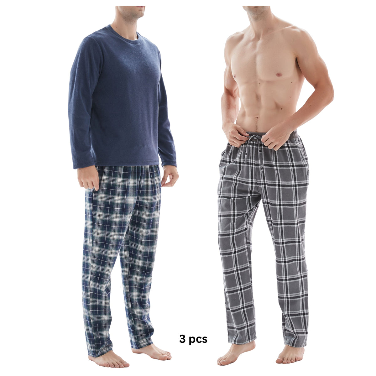 SaneShoppe-3-Piece Men's Pyjama Long-Sleeve Polyester Top and Check Cotton Pants.