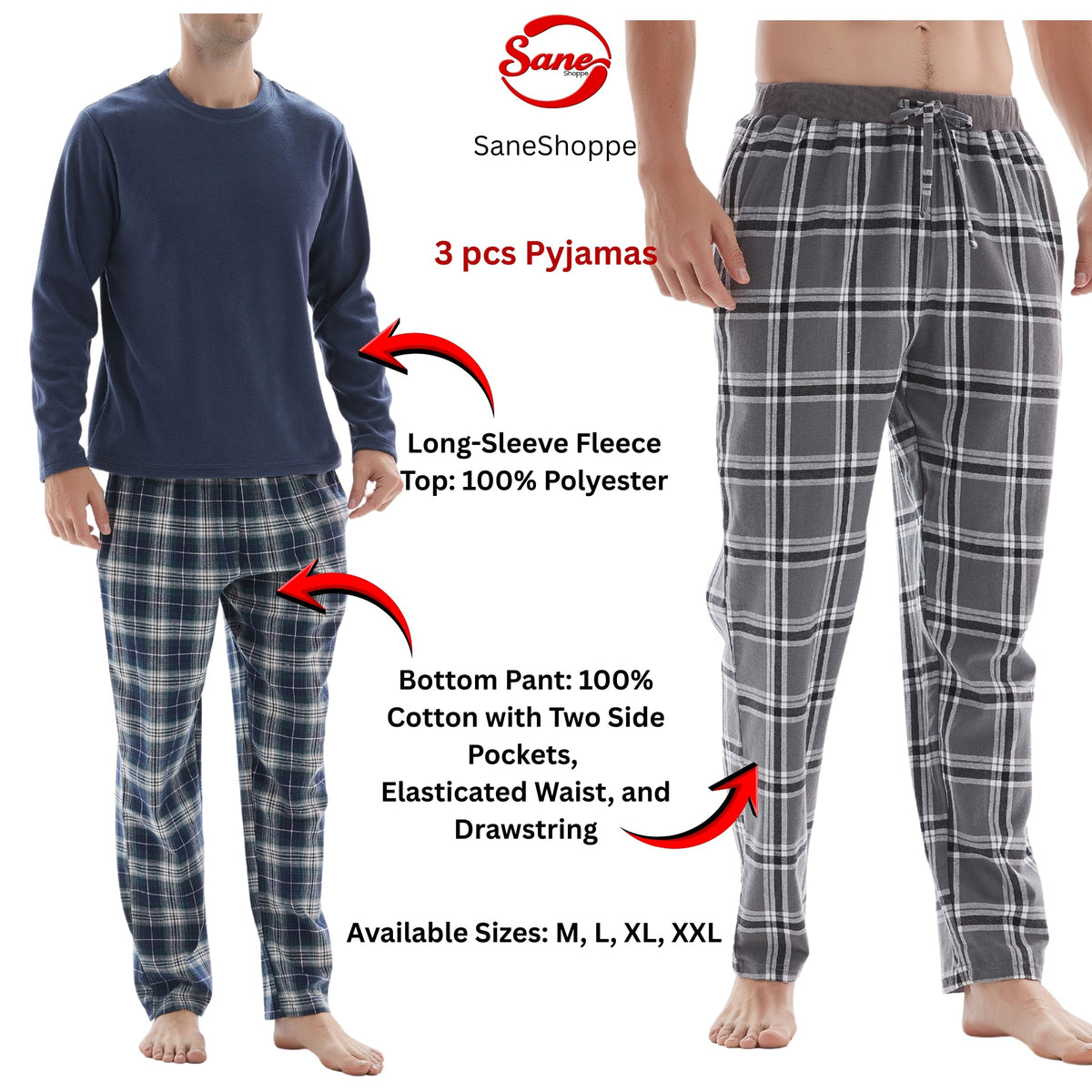 SaneShoppe-3-Piece Men's Pyjama Long-Sleeve Polyester Top and Check Cotton Pants.