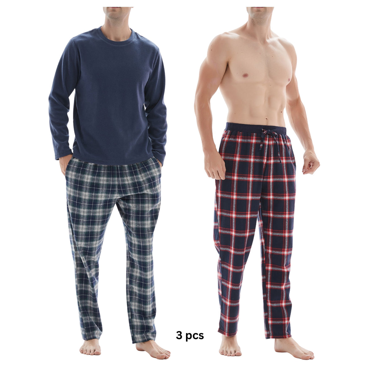 SaneShoppe-3-Piece Men's Pyjama Long-Sleeve Polyester Top and Check Cotton Pants.